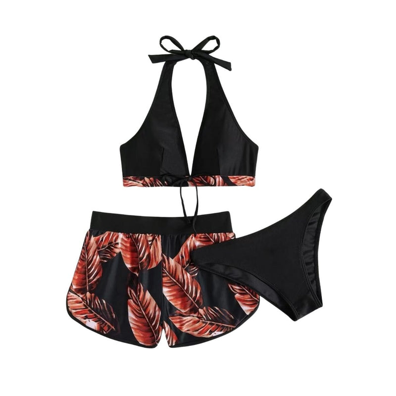 Maillot de bain 3 pièces à col en V et boutons contrastés, dos nu 