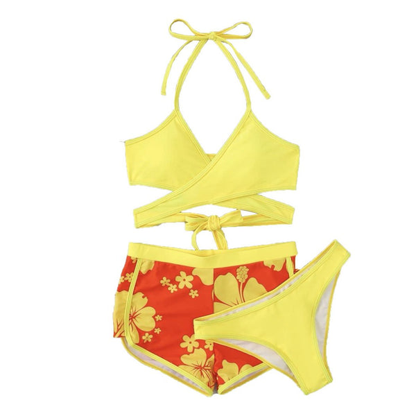 Traje de baño de 3 piezas con escote halter cruzado en contraste y aberturas en la parte delantera, con lazo 