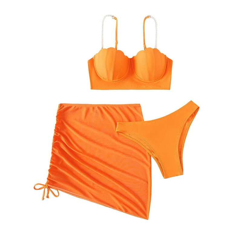Traje de baño de 3 piezas con espalda descubierta, acolchado y cordón de malla con perlas 