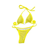 Traje de baño bikini sin espalda y cuello halter con aros y cuentas 