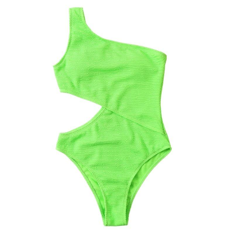 Traje de baño de una pieza con textura de un solo hombro, sólido y ahuecado 