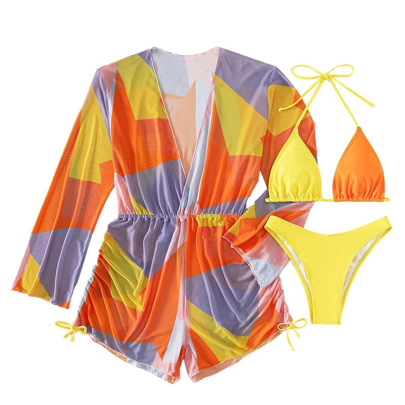 Traje de baño de 3 piezas con cuello halter, manga larga y cordón ajustable en contraste de malla 