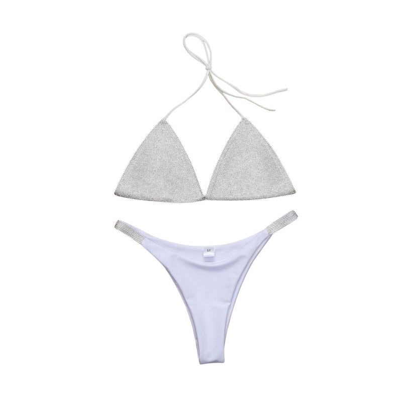 Traje de baño bikini con cuello en V, espalda descubierta y lazo en contraste 