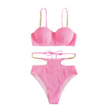 Traje de baño bikini liso con botones y cadena metálica acolchada y lazo 