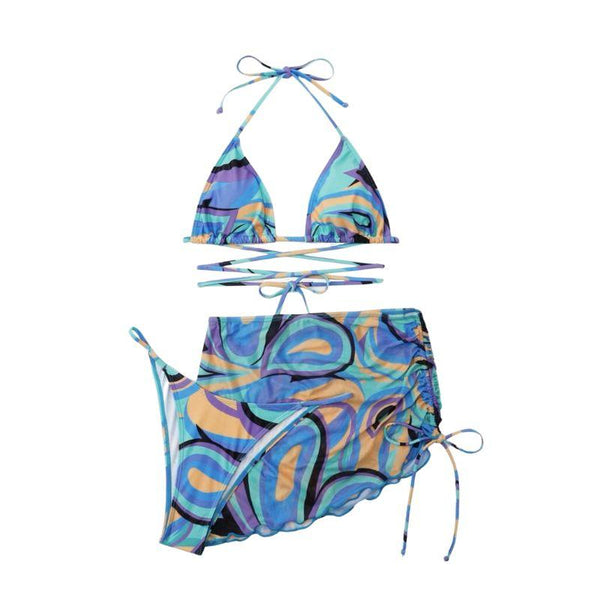 Maillot de bain 3 pièces dos nu en maille avec cordon de serrage et imprimé contrasté 