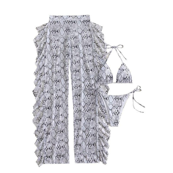 Maillot de bain 3 pièces en maille à volants en peau de serpent, licou, pantalon à nouer soi-même 