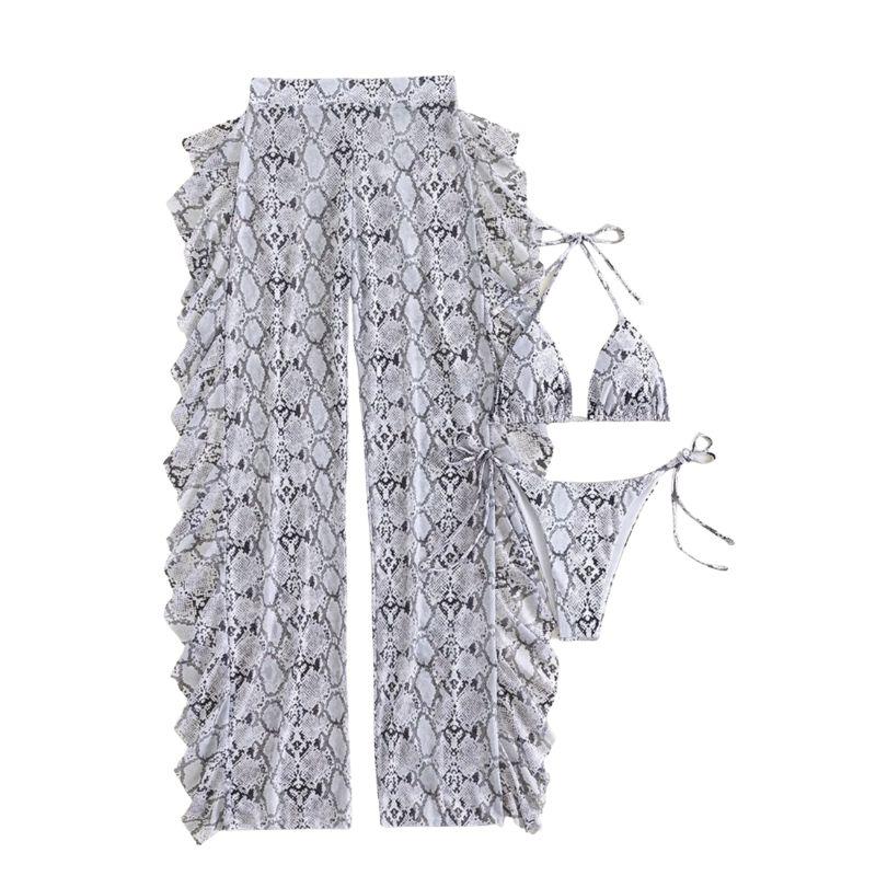 Maillot de bain 3 pièces en maille à volants en peau de serpent, licou, pantalon à nouer soi-même 