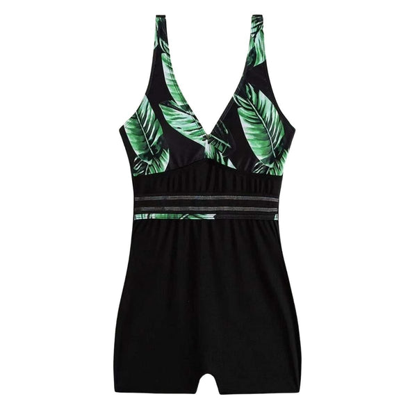 Maillot de bain une pièce à col en V et motif feuilles contrastées 