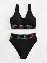 Maillot de bain bikini sans manches à col en V contrasté 