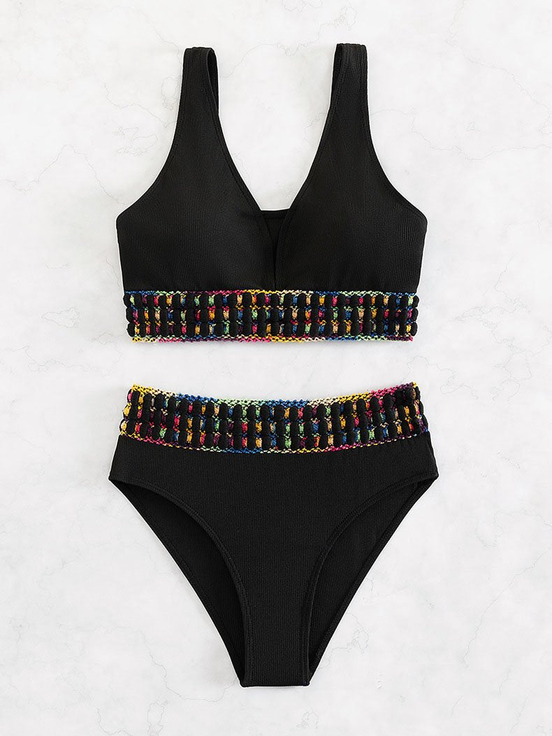 Maillot de bain bikini sans manches à col en V contrasté 