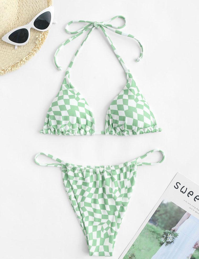 Traje de baño bikini con cuello halter y lazo a cuadros en contraste 