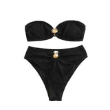 Maillot de bain bikini tube à boutons et dos nu texturé avec appliques métalliques 