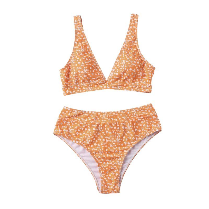 Maillot de bain bikini sans manches à col en V et motif floral 