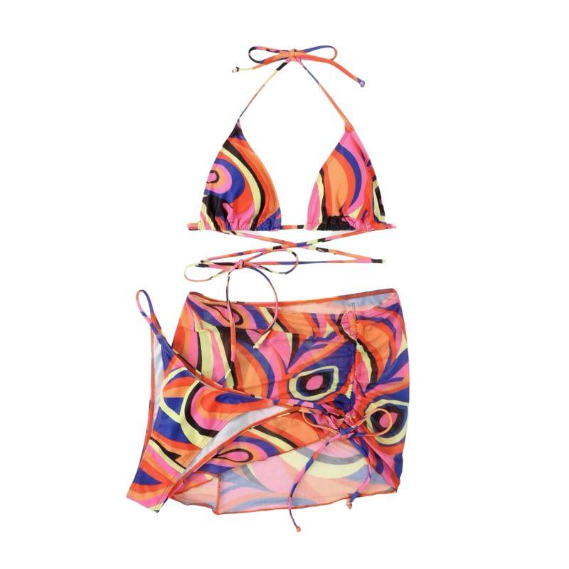 Maillot de bain 3 pièces dos nu en maille avec cordon de serrage et imprimé contrasté 