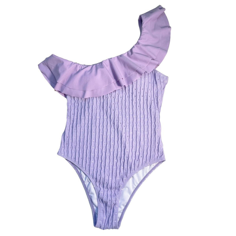 Maillot de bain une pièce uni à volants texturés et à une épaule 