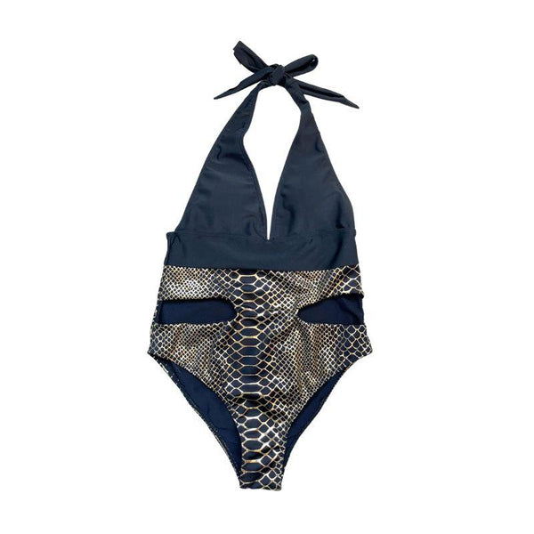 Maillot de bain une pièce rembourré à col en V et dos nu en peau de serpent ajouré 