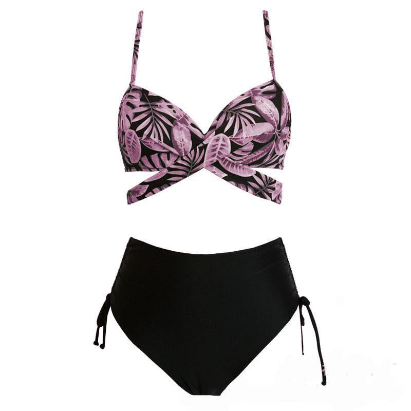 Maillot de bain 3 pièces à volants contrastés et croisés sur le devant 