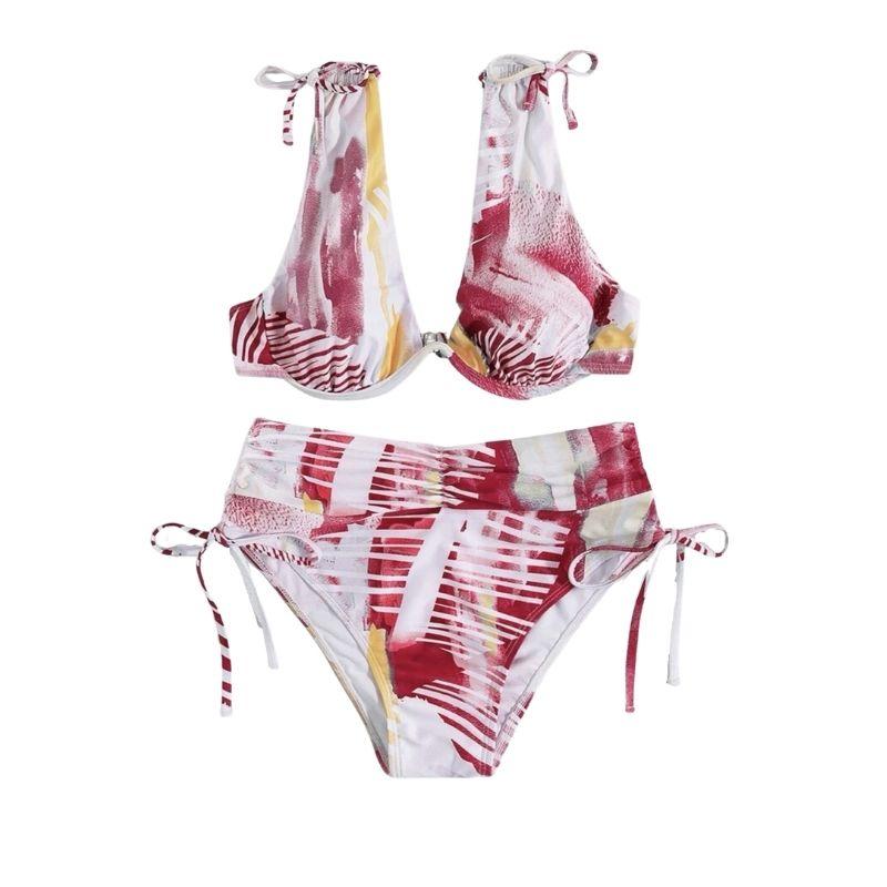 Maillot de bain bikini boutonné à col en V et à nouer contrasté 