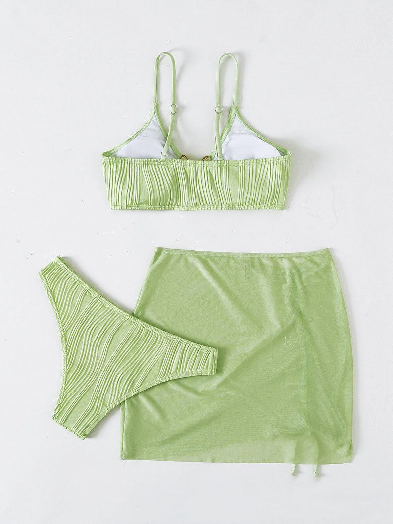 Maillot de bain 3 pièces froncé en maille texturée unie 