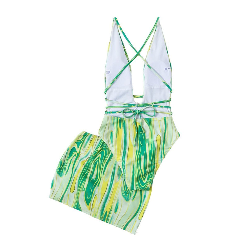 Traje de baño de una pieza con espalda cruzada y cordón ondulado con falda de playa 