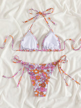 Maillot de bain bikini à nouer et à motif floral contrasté et licou froncé 