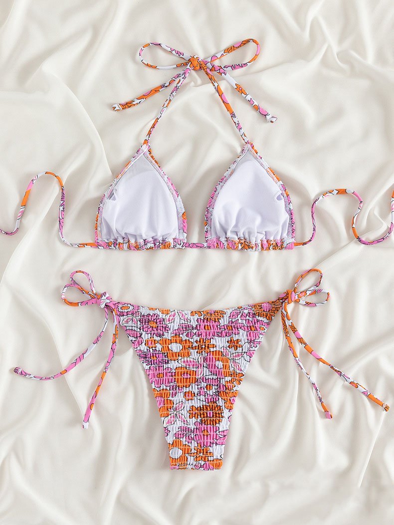 Maillot de bain bikini à nouer et à motif floral contrasté et licou froncé 