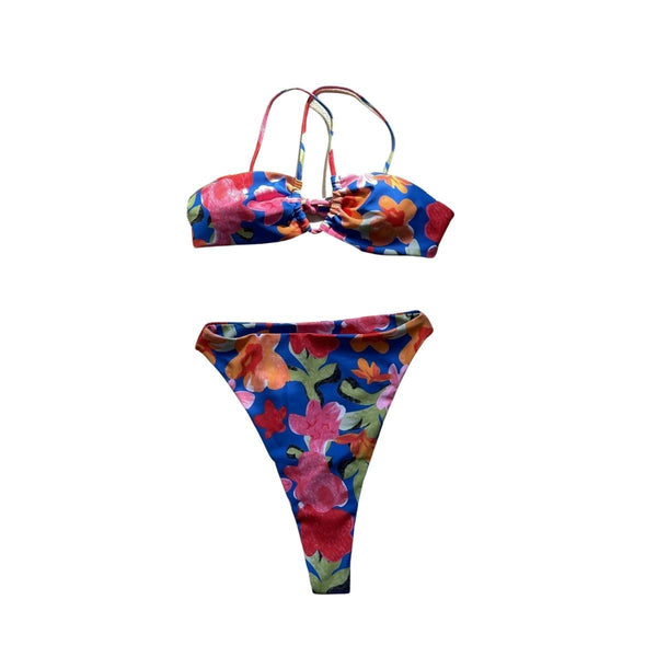 Maillot de bain bikini dos nu à motif floral contrasté croisé 