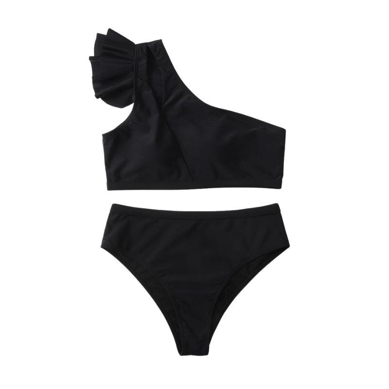 Maillot de bain bikini asymétrique à volants et découpes irrégulières et solides 