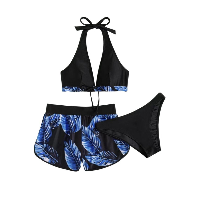 Maillot de bain 3 pièces à col en V et boutons contrastés, dos nu 