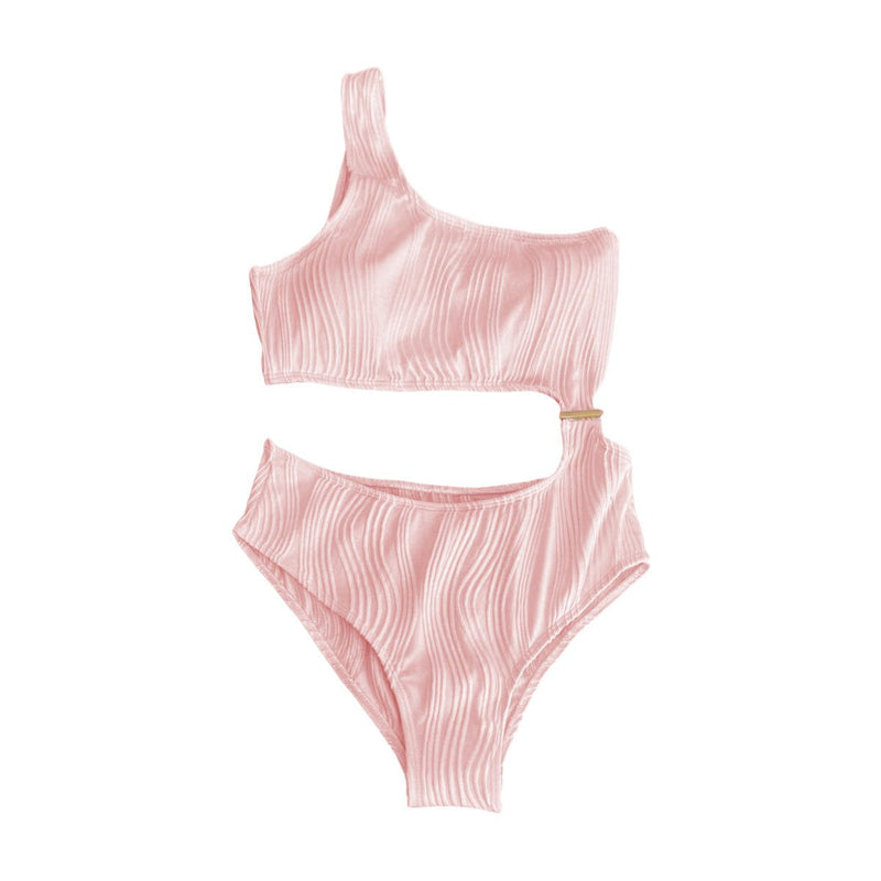 Maillot de bain une pièce texturé uni à une épaule et bouton ajouré 