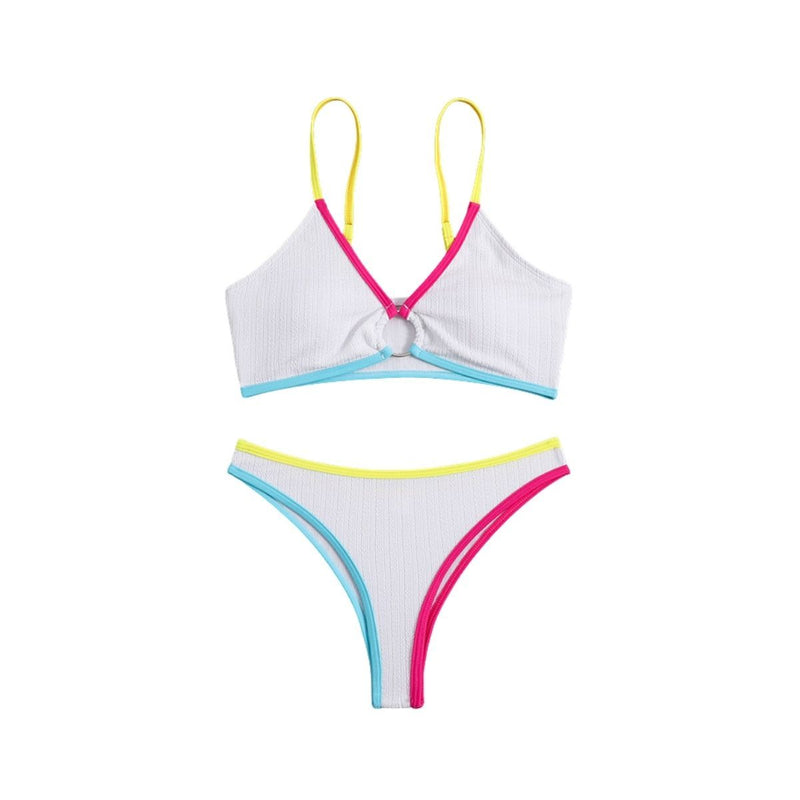 Maillot de bain bikini à col en V rembourré contrasté et dos nu avec anneau en O 