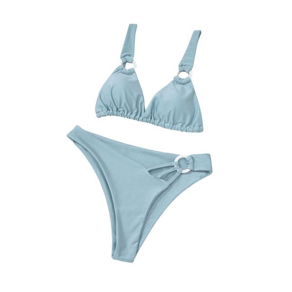 Maillot de bain bikini dos nu irrégulier froncé avec anneau en O solide 