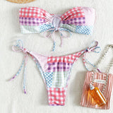 Traje de baño bikini de tubo con aro en forma de O y estampado de cuadros en contraste 
