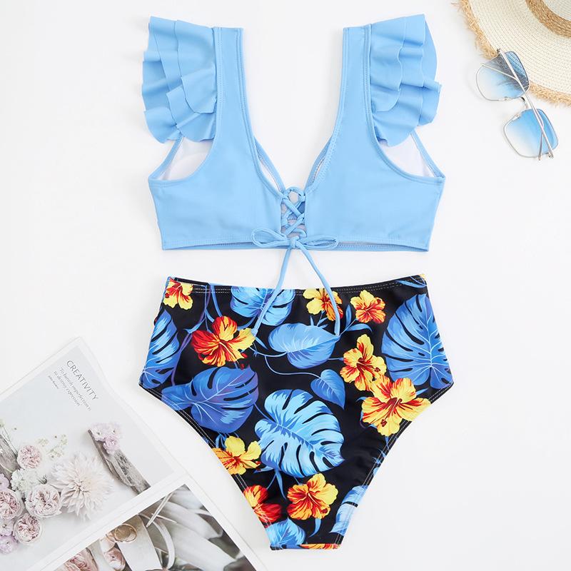 Maillot de bain bikini à manches courtes et volants contrastés, imprimé feuilles et lacets 