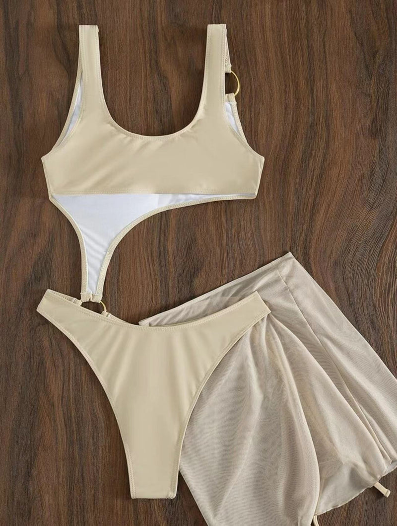 Traje de baño de 3 piezas con cordón ajustable, malla sólida, cuello en U y anillo en O 