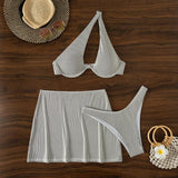Maillot de bain 3 pièces à une épaule, ajouré, uni, irrégulier, boutonné 