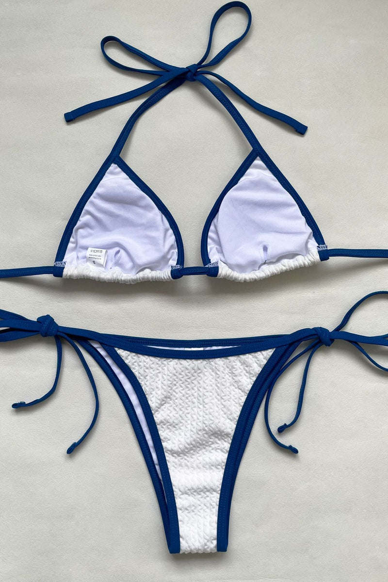Traje de baño tipo bikini con cuello halter y lazo en contraste texturizado 