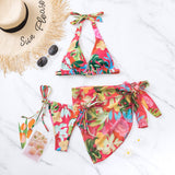 Maillot de bain 3 pièces en maille à imprimé floral avec cordon de serrage et dos nu 