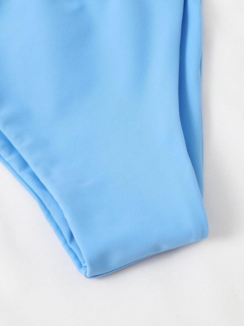 Traje de baño bikini sin espalda, fruncido, con botones sólidos y nudo 