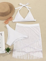 Maillot de bain 3 pièces dos nu à nouer et à pompons 