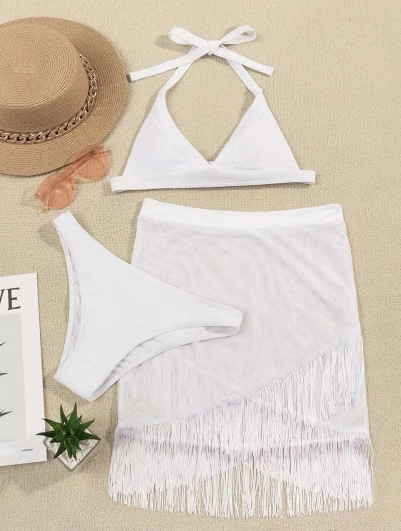 Maillot de bain 3 pièces dos nu à nouer et à pompons 