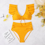 Traje de baño bikini fruncido liso con cordón ajustable y mangas cortas con volantes acolchados 