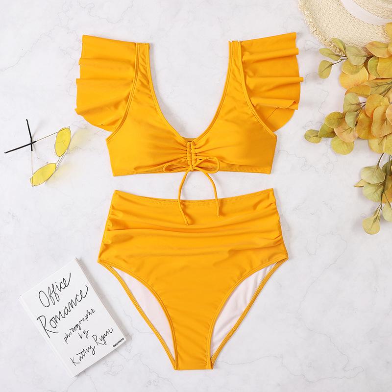 Traje de baño bikini fruncido liso con cordón ajustable y mangas cortas con volantes acolchados 