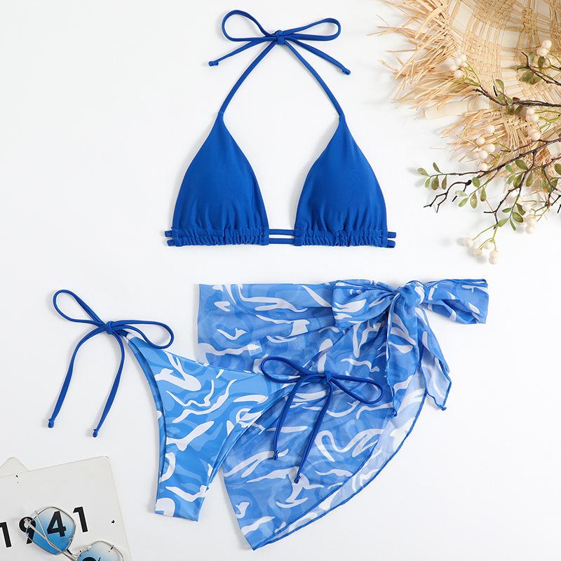 Traje de baño de 3 piezas de malla con espalda descubierta y estampado de contraste ondulado 