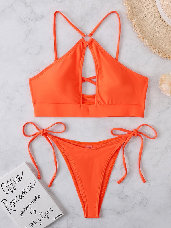 Traje de baño bikini con lazo en la espalda, con abertura y anillo en O 
