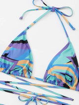 Maillot de bain 3 pièces dos nu en maille avec cordon de serrage et imprimé contrasté 