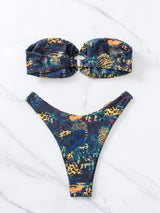Traje de baño bikini de tubo con relleno y estampado en contraste 