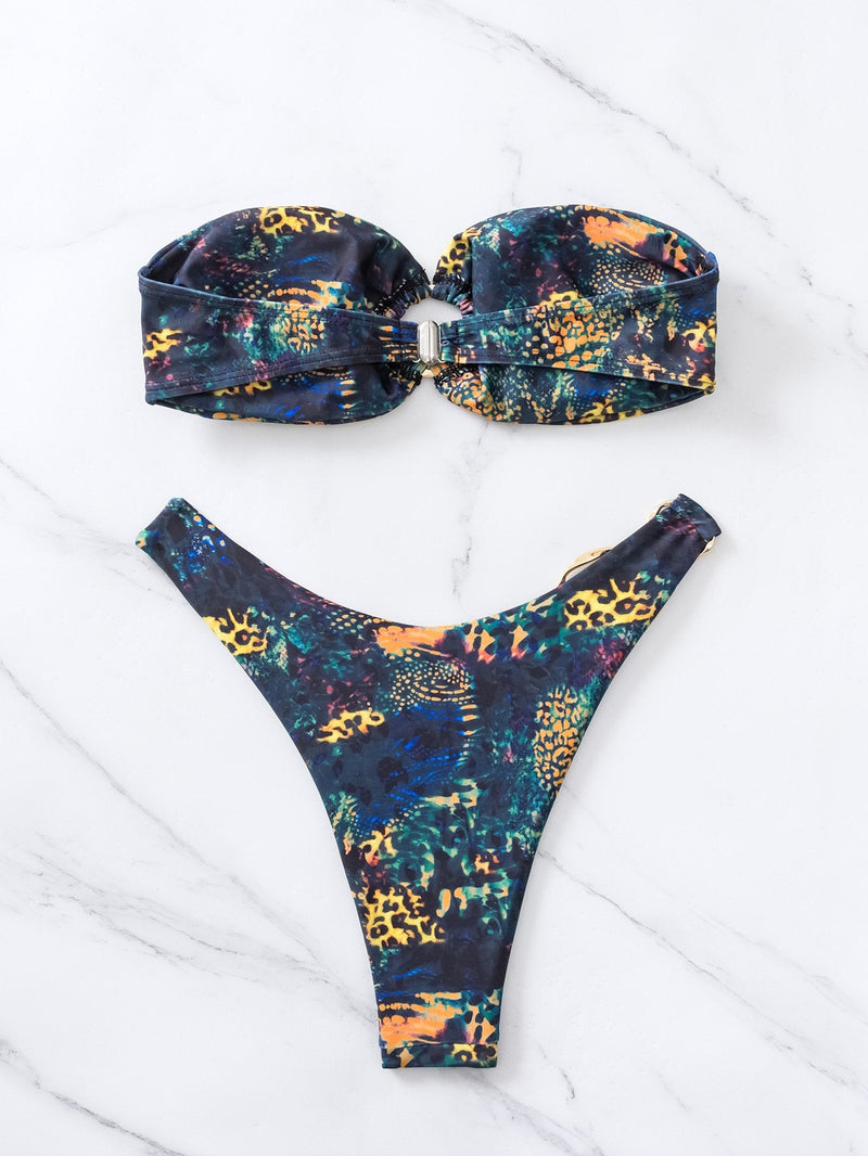 Traje de baño bikini de tubo con relleno y estampado en contraste 