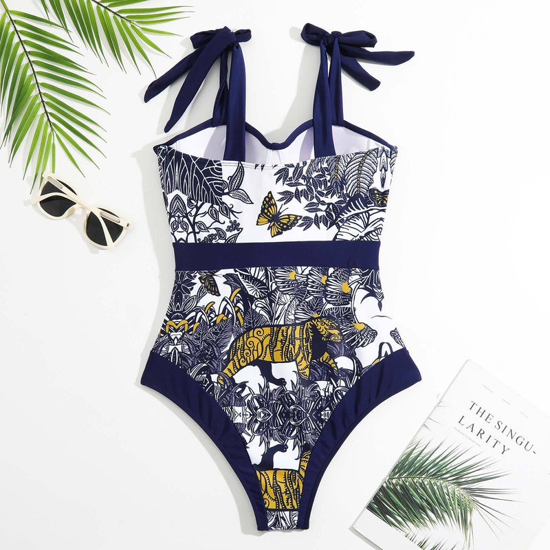 Maillot de bain une pièce à imprimé contrasté, col en cœur, à nouer soi-même, avec jupe de plage 