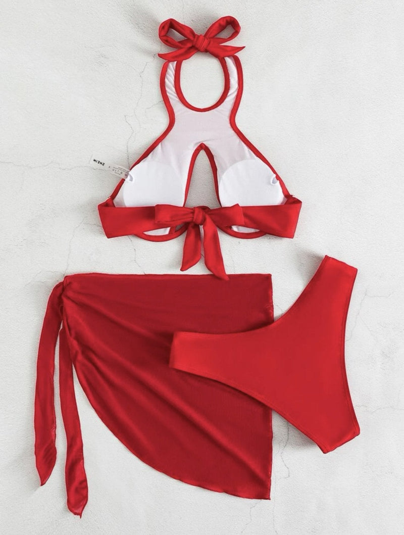 Maillot de bain 3 pièces uni à licou et à nouer soi-même 